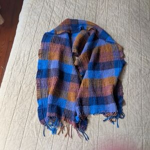 PrAna Skylan Scarf Wool Blend Blue Brown Plaid